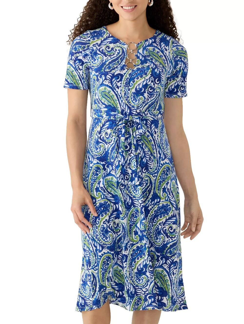MSK Paisley Print Tie Waist Short Sleeve Casual Maxi Dress Blue & White Size XL